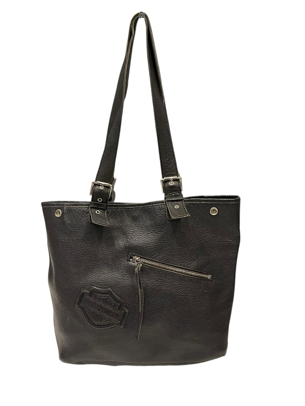 Vintage Harley Davidson Black Logo Pebble Leather Shoulder Bag Purse Tote Snaps